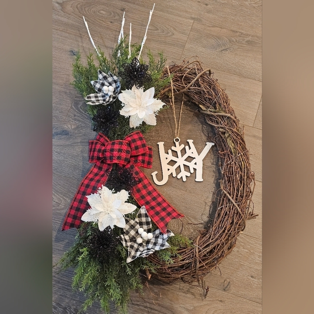 Handmade Farmhouse-style Oval Buffalo Plaid Holiday Wreath. 1 Of A Kind